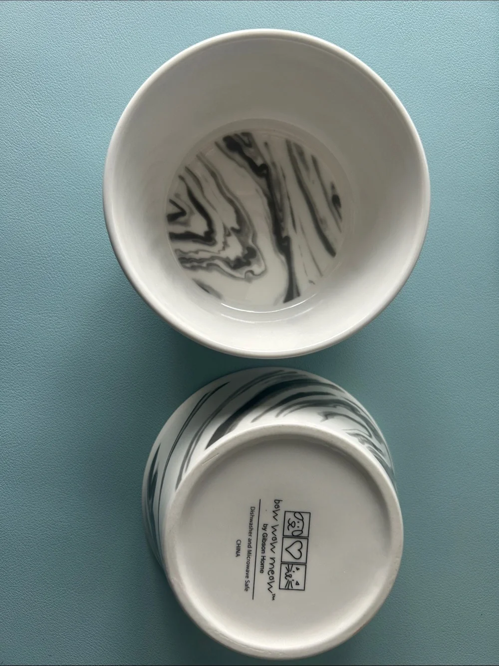 2 Bow Wow Meow Small Pet Bowls Ceramic Dog or Cat Dishes 4.5” Marble White Gray